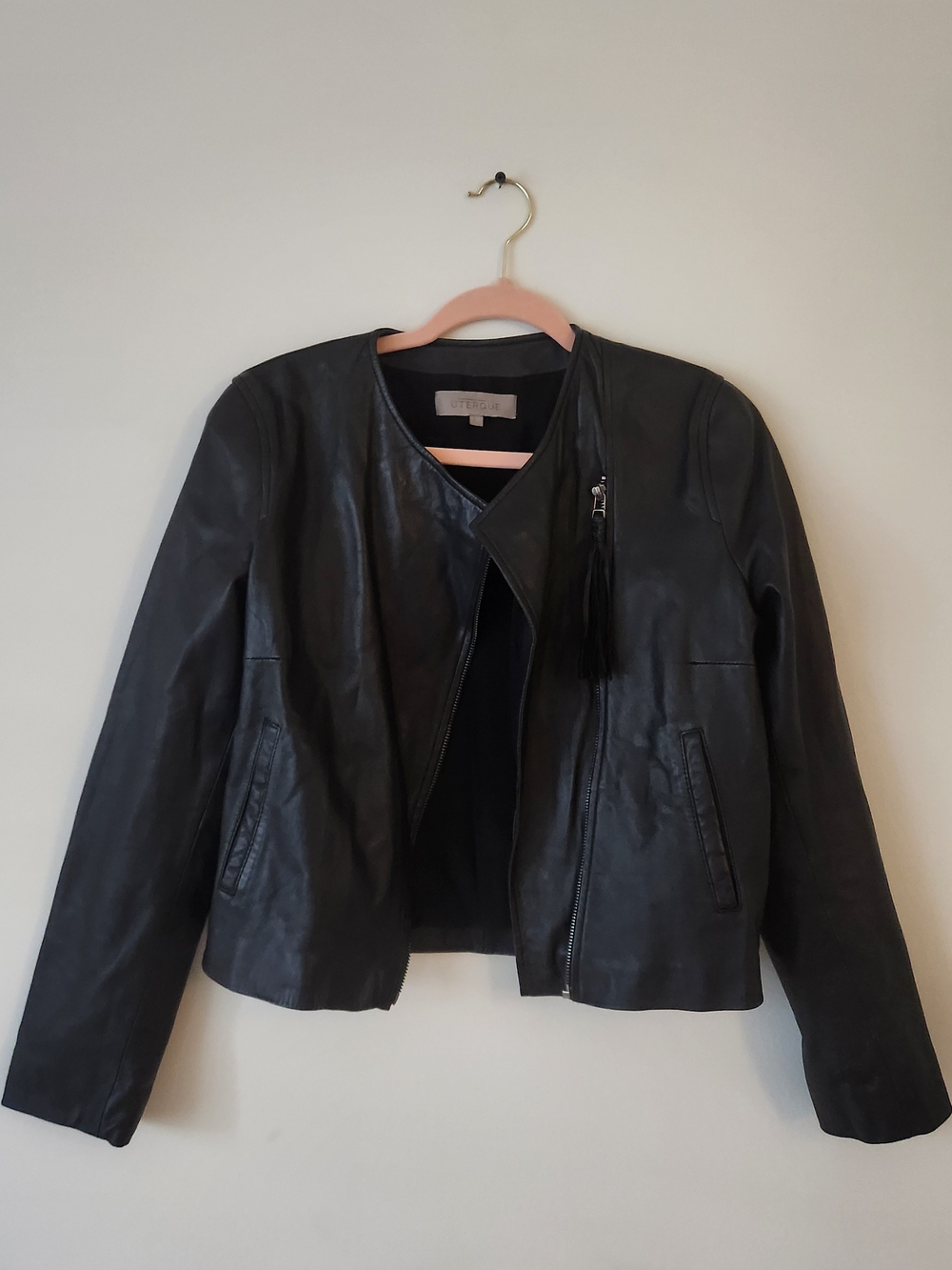 Genuine Black Leather Asymmetric Zip Jacket With Tassel